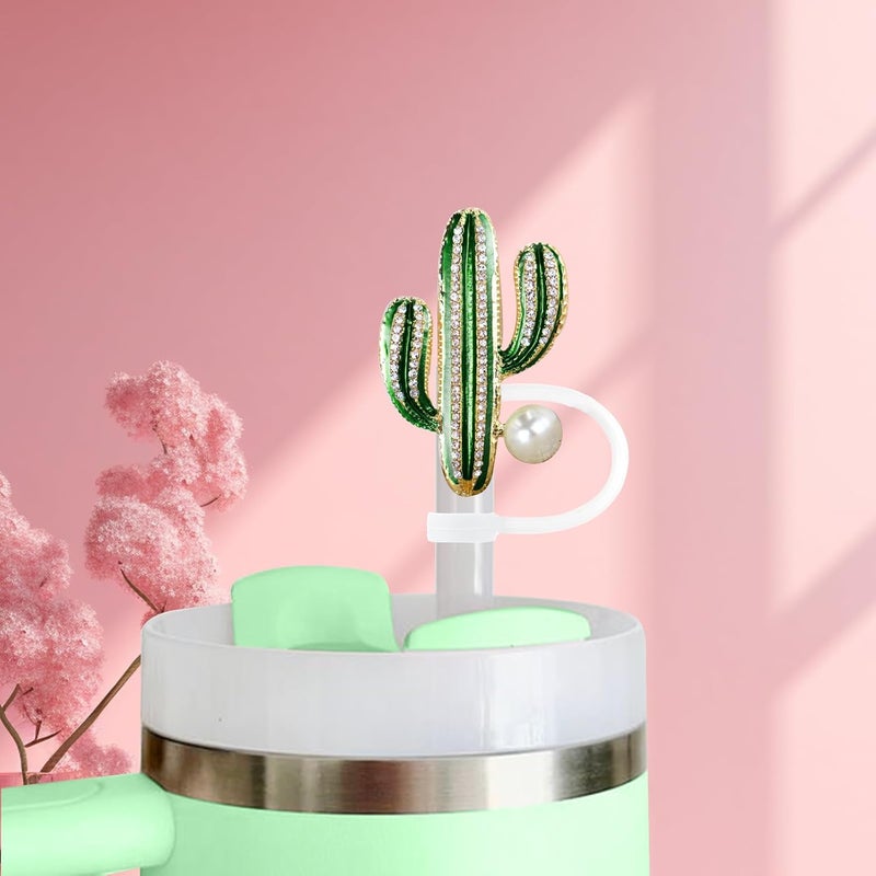 SEMATA Cute Green Cactus Straw Cover Cap for Stanley Cup Accessories,Bling Crystals Straw Toppers for Stanley Tumbler 40&30 oz,Rhinestone Reusable Straws Tips Protectors Compatible with 10mm Straws - Image 4